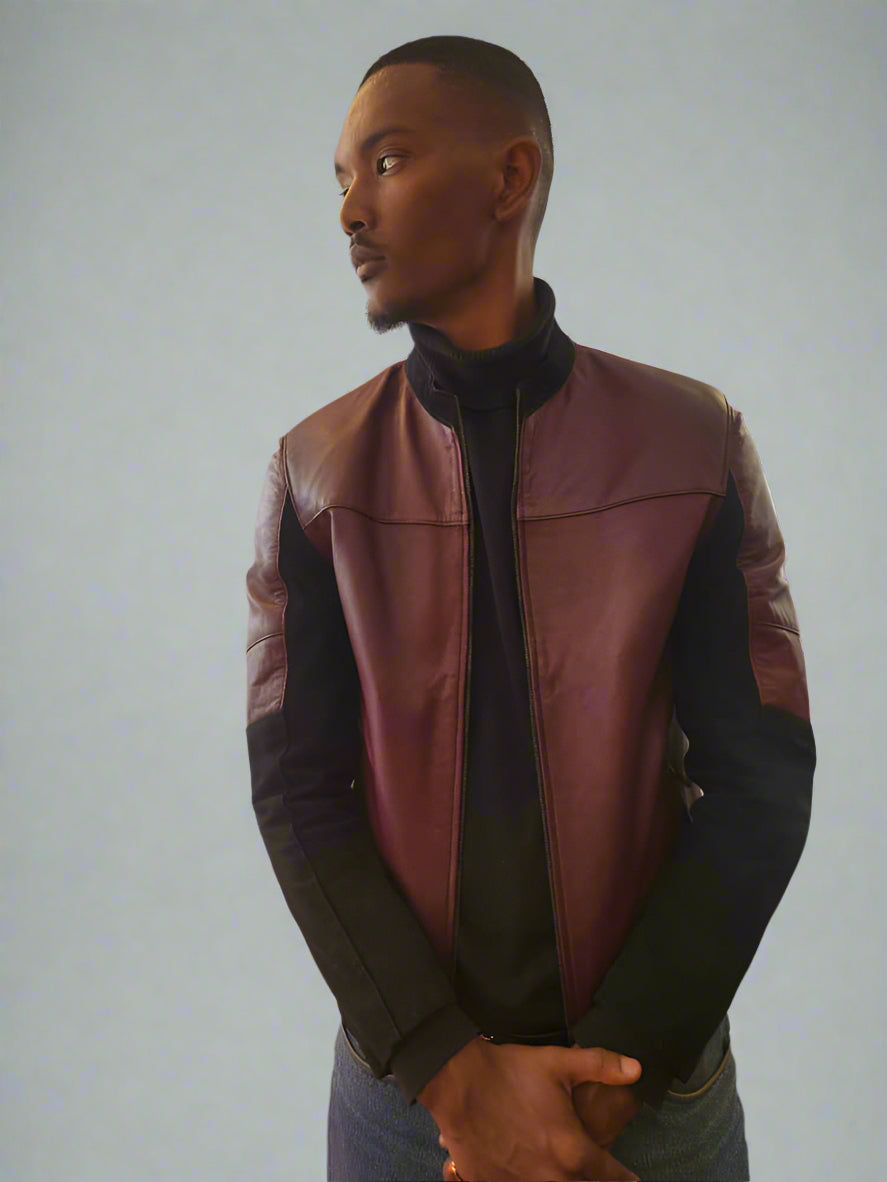 Men’s Burgundy Leather Jacket with Suede Sleeves – Classic & Elegant Design